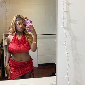 Two piece red velvet skirt set hand made